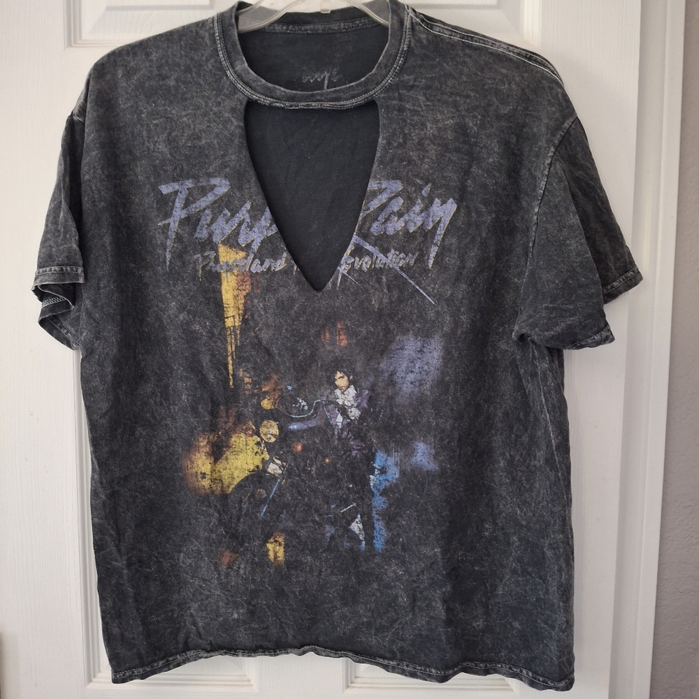 Prince Purple-Rain T-Shirt No Tag L? Charcoal-Gray Acid Wash Altered Graphic-Tee